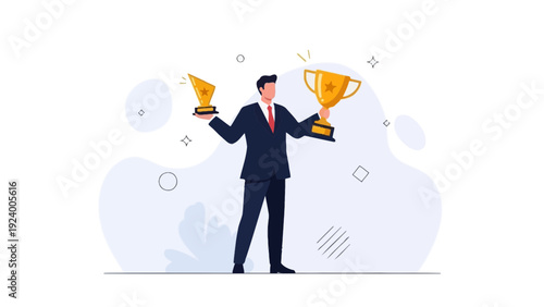 Businessman holding two trophies, representing success and achievement