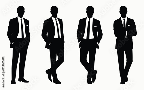 Four businessmen in black silhouette standing in different poses on white background with suits and ties