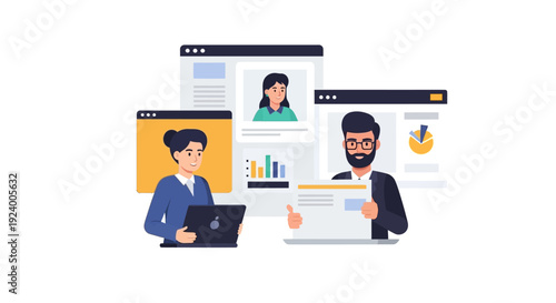 Digital Business Collaboration & Data Analysis: Team Members Working on Online Platforms with Charts and Profiles