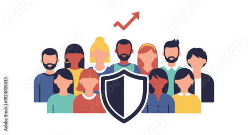 Diverse People with Shield and Growth Arrow: Community Protection, Business Security, and Team Progress Concept
