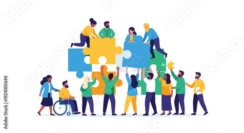 Diverse Team Collaborating to Assemble Puzzle Pieces, Symbolizing Teamwork, Partnership, Diversity, Inclusion, and Strategic Problem Solving