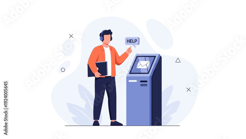 Customer service agent using touchscreen kiosk for assistance, modern technology concept