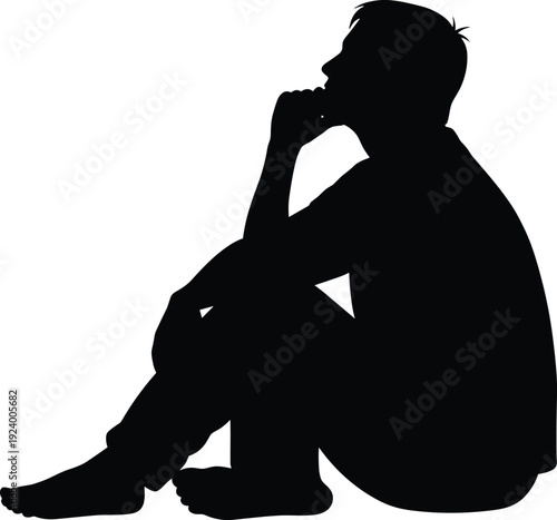 Thoughtful man silhouette sitting pose, pensive male profile isolated on white background, black shadow contemplation concept