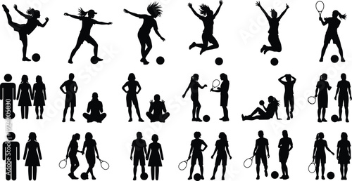 Women sports silhouette collection, female athletes playing soccer tennis isolated on white background, black shadow fitness set