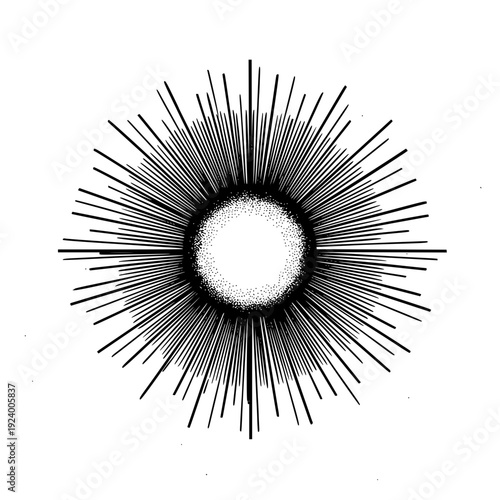 Black and white radial burst pattern with a central stippled circle and radiating lines design element