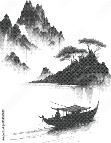 Boat halftone dither illustration of traditional vessel sailing across calm lake with island scenery