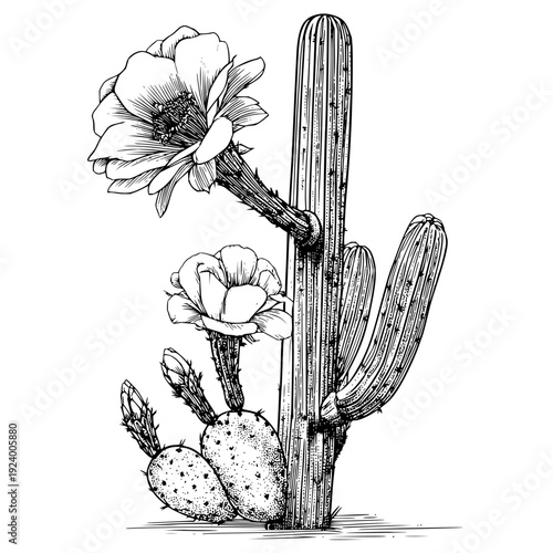 Illustration of a saguaro cactus with blooming flowers and prickly pear pads in black and white style