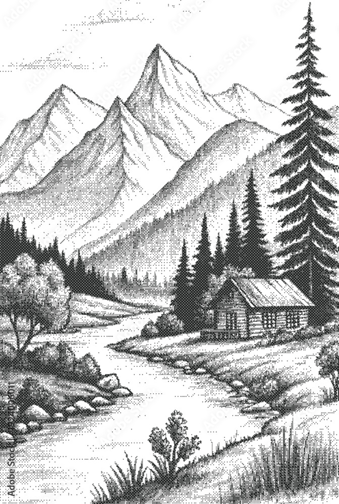 Fototapeta premium Mountain halftone dither river valley illustration with cabin and pine forest backdrop