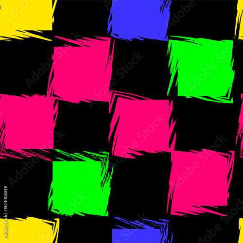 Bright colorful seamless grunge pattern featuring abstract shapes, waves, doodles, scribbles, geometric elements and chessboard