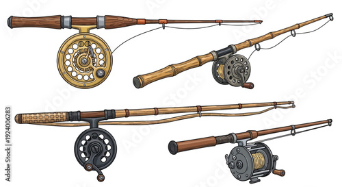 Vintage fishing rods and reels illustrated in a retro style