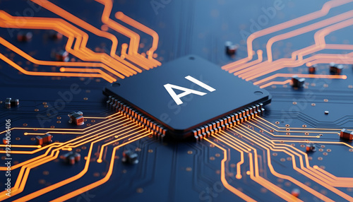 “AI Chip Centerpiece: Black Microchip with Orange Pathways on Dark Blue Circuit Board”

