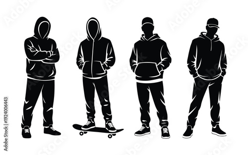 Four young men in hoodies standing in different poses with a skateboard on a white background