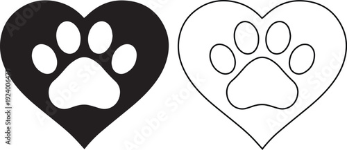 Vector illustration set of a dog paw print inside a heart shape featuring solid black silhouette and line outline designs, ideal for pet love, animal rescue, and veterinary clinic symbols.