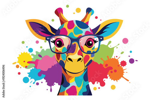 Colorful artistic giraffe in with eyeglasses colorful paint splatters on white background sate 