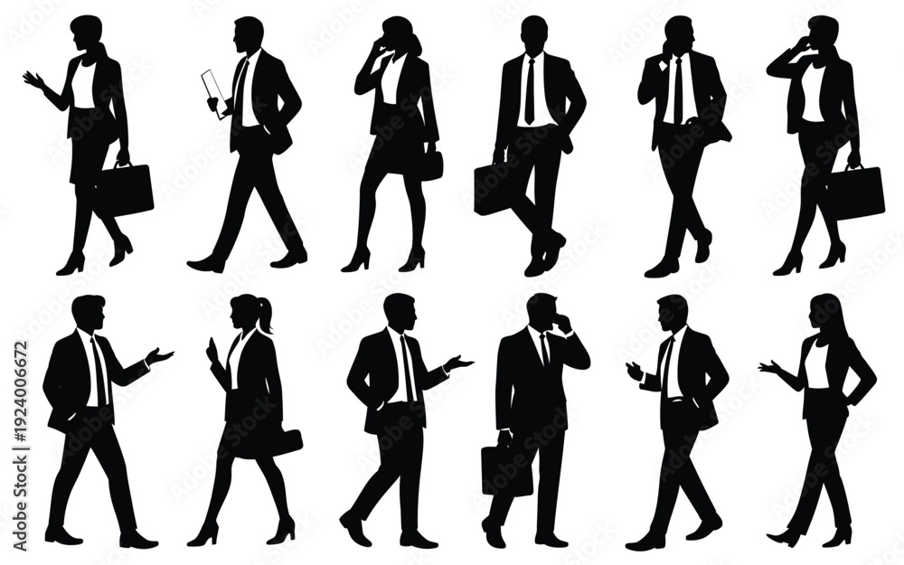 Fototapeta premium Business professionals walking with briefcases and talking on phones in various poses on white background