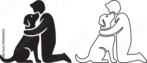 Vector illustration set of a person hugging a dog featuring solid black silhouette and line outline designs, ideal for pet friendship, animal loyalty, and canine companionship symbols.