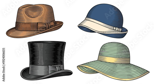 Four vintage hats a fedora boater top hat and sun hat