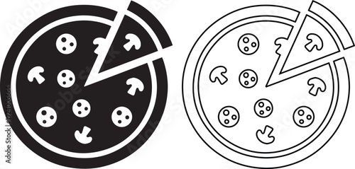 Vector illustration set of mushroom pizza icons featuring a solid black silhouette and line outline design with a detached slice, ideal for a pizzeria menu or fast food delivery symbol.