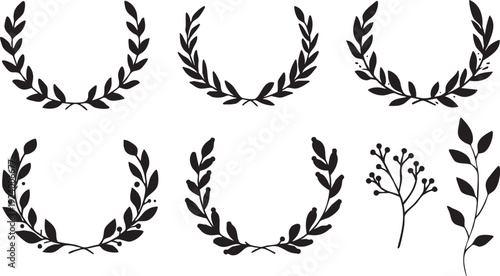 Hand Drawn Laurel Wreath and Botanical Branch Silhouette Set