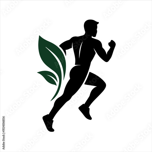 Silhouette of a running man with green leaves on a white background, conveying a healthy lifestyle