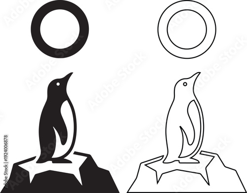 Vector illustration set of a penguin standing on an iceberg under the sun, featuring solid black silhouette and outline designs, perfect for antarctica wildlife and winter nature icons.