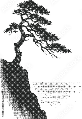 Tree halftone dither windswept cliff landscape overlooking quiet water horizon
