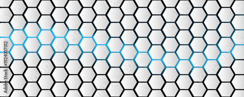 White 3d hexagonal technology vector abstract background. Blue bright energy flashes under hexagon in modern technology futuristic background vector illustration. White honeycomb texture grid.