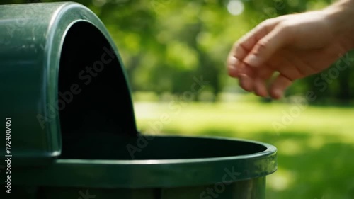 Person disposing trash properly into bin, promoting environmental awareness and clean lifestyle.
