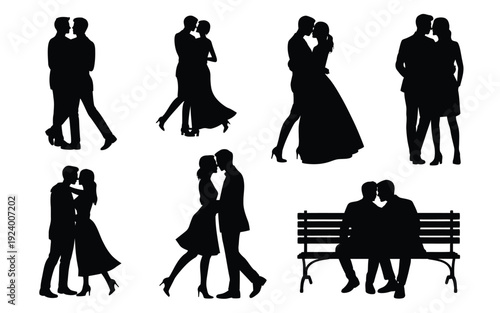 Silhouettes of romantic couples dancing and sitting on a bench in various poses and outfits