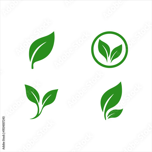 Four green leaf icons arranged on a white background for eco-friendly design elements
