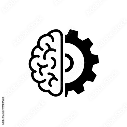 A black and white illustration of a brain and gear merged together on a clean background