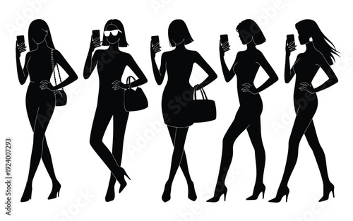 Silhouettes of five fashionable women using smartphones in stylish poses with handbags and high heels on white background