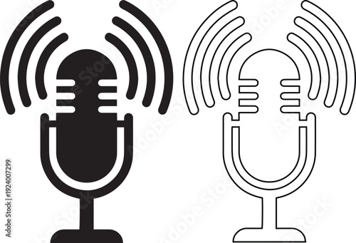 Vector illustration set of retro microphone icons with sound waves featuring solid black silhouette and outline designs, perfect for podcast, radio broadcast, and audio recording.