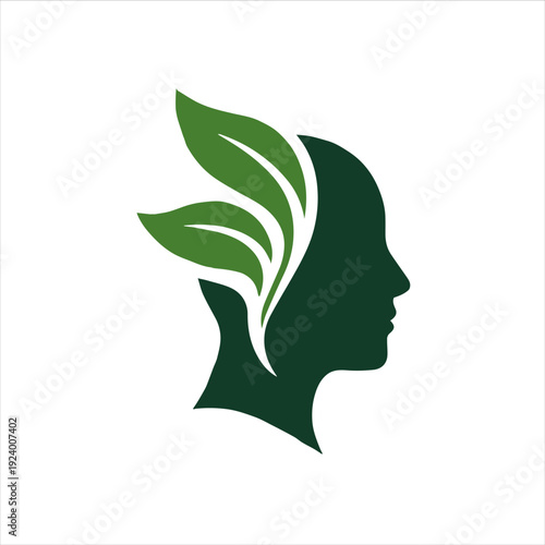 A dark green silhouette of a human head with green leaves growing out of it, set against a clean white background