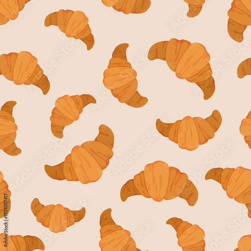 Seamless background featuring golden butter croissants on a light beige backdrop. Hand drawn bakery food pattern for fabric, wallpaper, or packaging