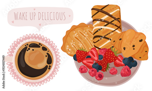 Top view of a breakfast set featuring a cup of black coffee and a plate of pastries with fresh strawberries, raspberries, and blueberries. Flat style illustration with "Wake up delicious" text