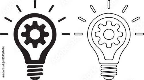 Vector illustration set of a glowing lightbulb with a gear inside featuring solid black silhouette and outline designs, ideal for innovation, creative idea, and technology concepts.