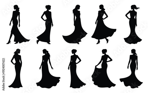 Elegant women in various poses and formal gowns black silhouettes on white background fashion and beauty concepts