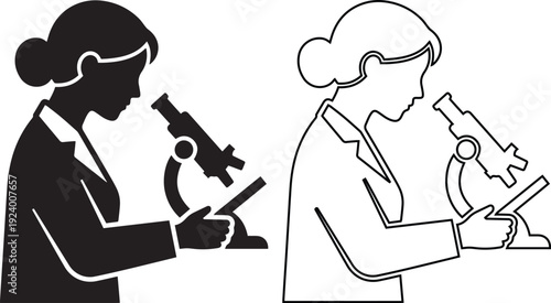 Vector illustration set of a female scientist using a microscope featuring solid silhouette and line outline designs, ideal for biology laboratory, medical research, or science symbols.