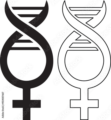 Vector illustration set of female DNA icons featuring a solid black silhouette and line outline design, ideal for a biology, genetics, or women's health symbol.