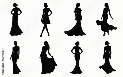 Elegant women in various formal dresses and poses black silhouettes on white background fashion and beauty concept