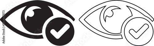 Vector illustration set of eye icons with a check mark featuring solid black silhouette and line outline designs, perfect for a viewed, verified, or approved vision sight symbol.