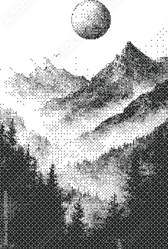 Mountain halftone dither night illustration of forest valley under full moon with layered peaks