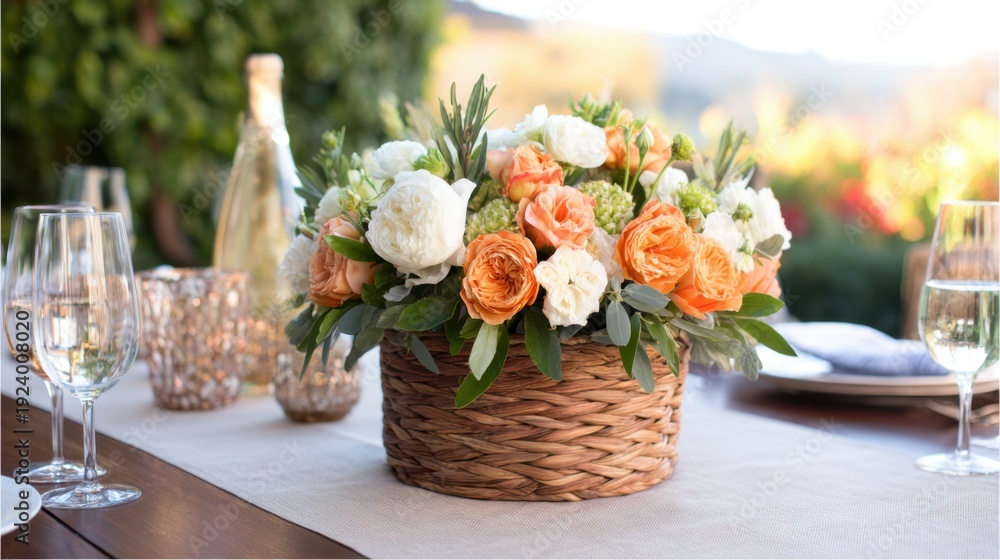 Obraz premium A beautifully arranged floral centerpiece in a wicker basket on a dining table outdoors