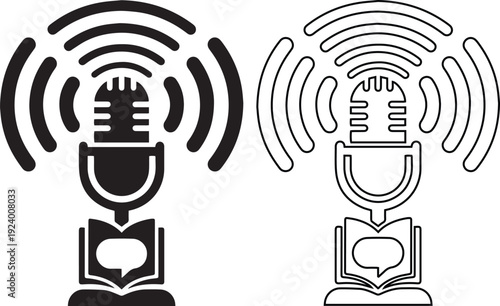 vector illustration features an audiobook podcast icon design with a microphone, sound waves, and an open book with a speech bubble in silhouette and outline styles.