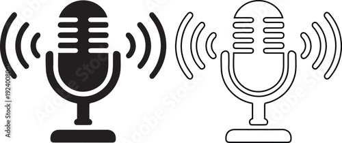 vector illustration features two microphone icons, one solid silhouette and one outline, perfect for representing a podcast, radio broadcast, or audio voice communication.