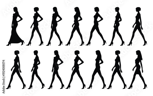 Collection of female silhouettes walking in various poses and outfits on white background for design and illustration