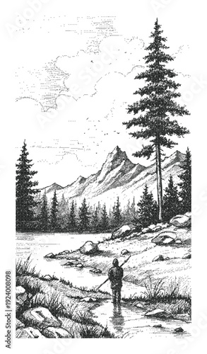 Mountain halftone dither alpine landscape illustration with river shoreline and tall pine trees