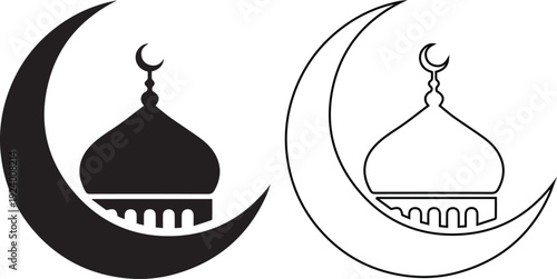 Crescent moon with mosque dome silhouette symbolizing Islam, Ramadan celebration, Eid festival, and spiritual faith concept in minimalist black and white vector illustration