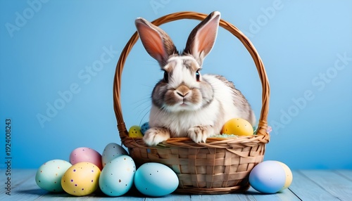A bunny inside a basket holding an easter placard with some easter eggs and blue isolated background with copyspace, created with generative ai